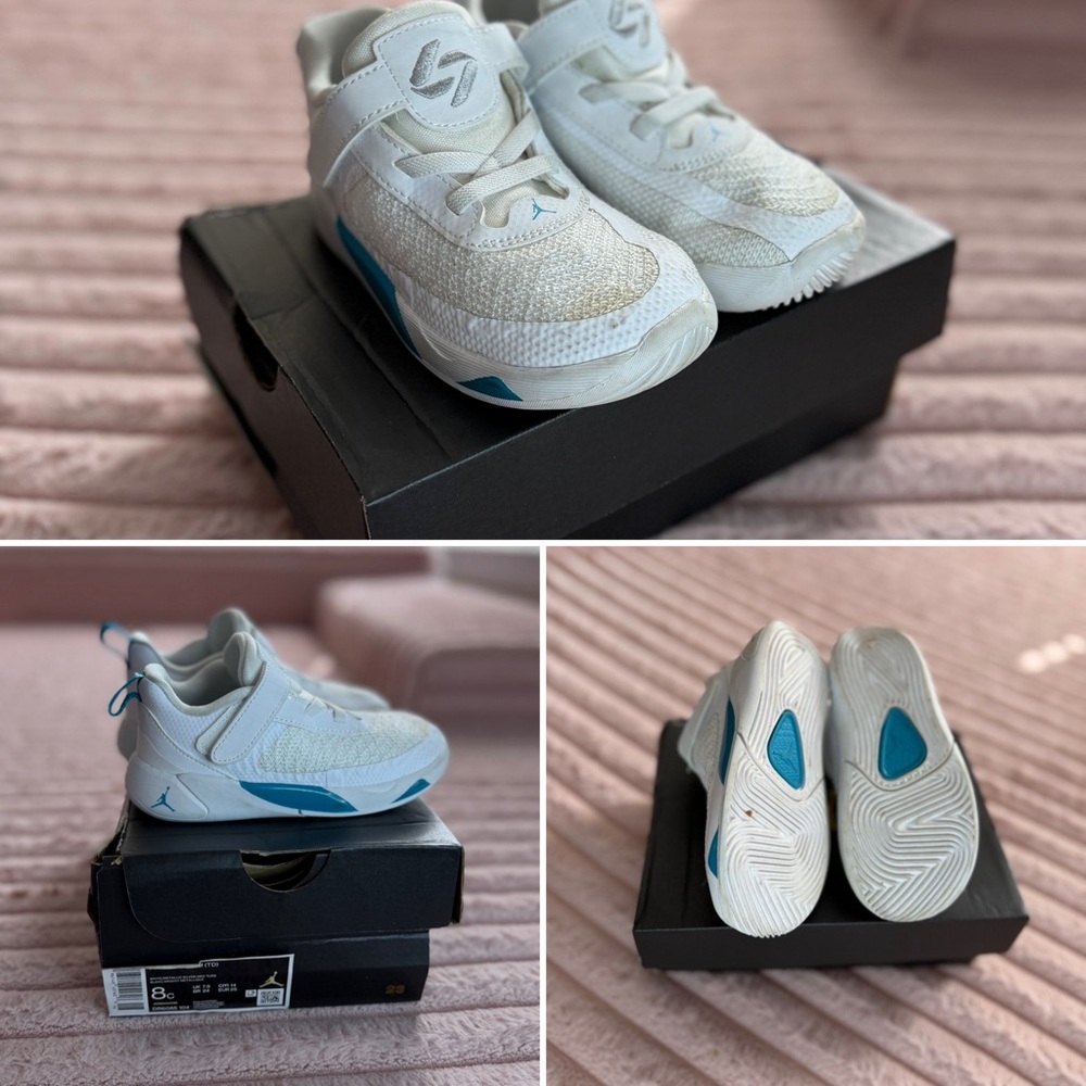 Kids White and Blue Basketball Shoes